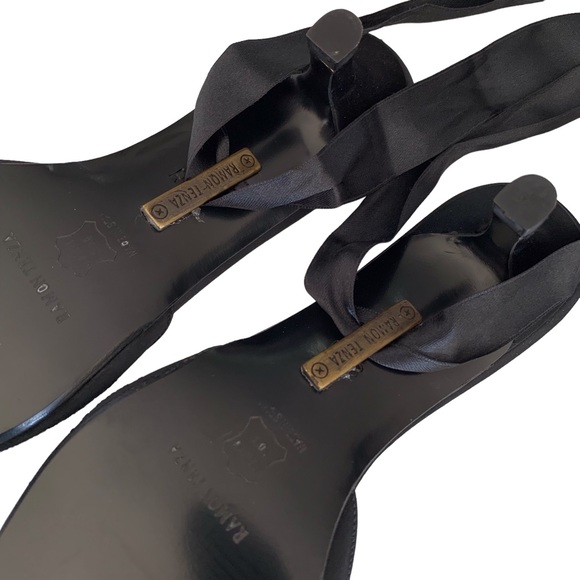 RAMON TENZA BLACK SATIN POINTY TOE KITTEN HEEL SHOE WITH ANKLE RIBBON - Picture 4 of 15